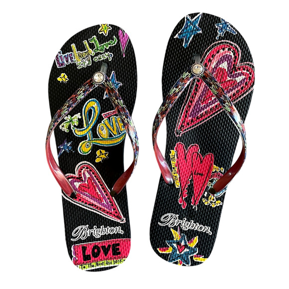 BRIGHTON Women’s Size 9 ROMCOM Rhinestone Graffiti Love Flip Flops Thong Sandals - Picture 1 of 9
